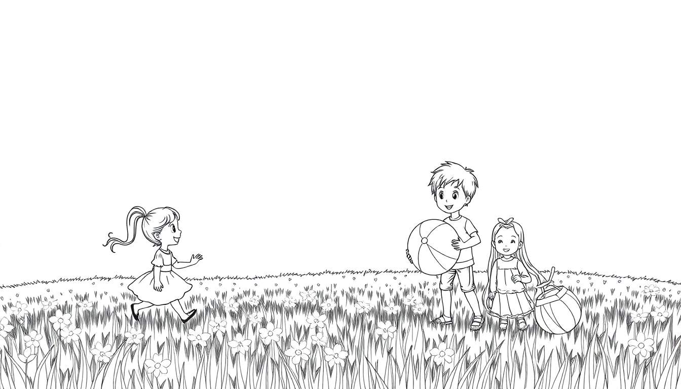 Desenho em preto e branco de três crianças brincando em um campo florido com bolas, como um color panel.