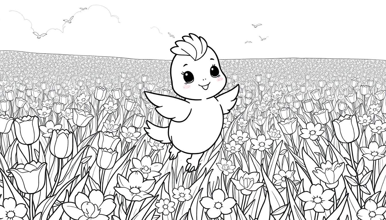 Um pássaro fofo com olhos grandes e bochechas rosadas caminhando em um campo de flores com tulipas e narcisos, e pássaros voando ao fundo em um color panel.