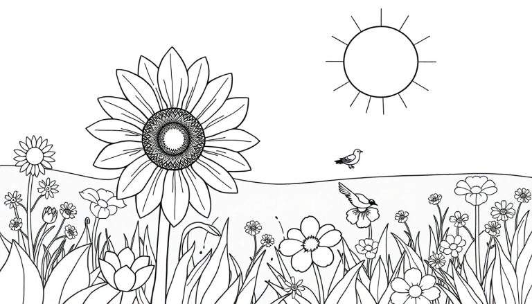 Um campo florido com um girassol grande, flores menores, grama, dois pássaros e um sol com raios. Inclui um color panel.