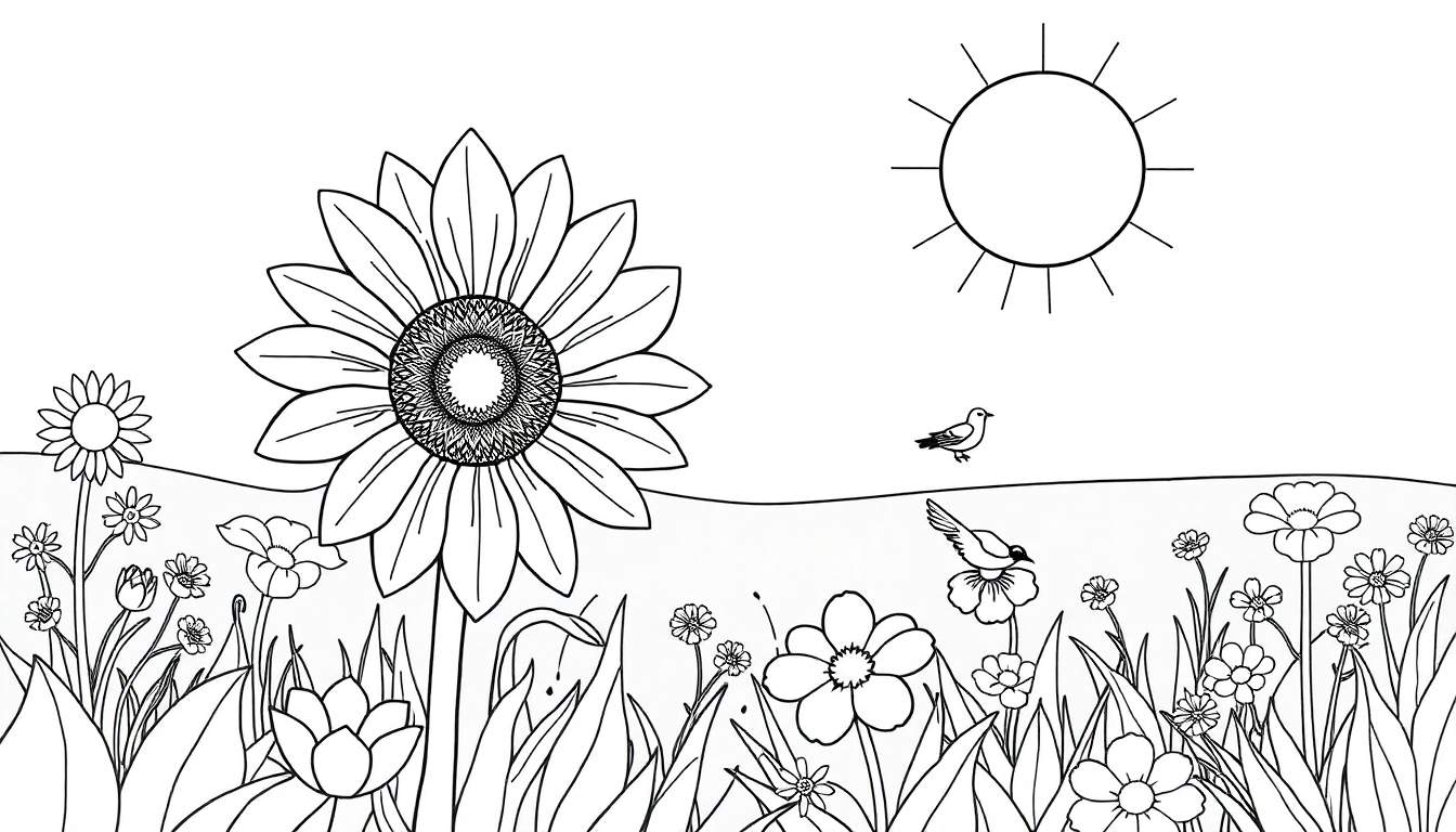 Um campo florido com um girassol grande, flores menores, grama, dois pássaros e um sol com raios. Inclui um color panel.