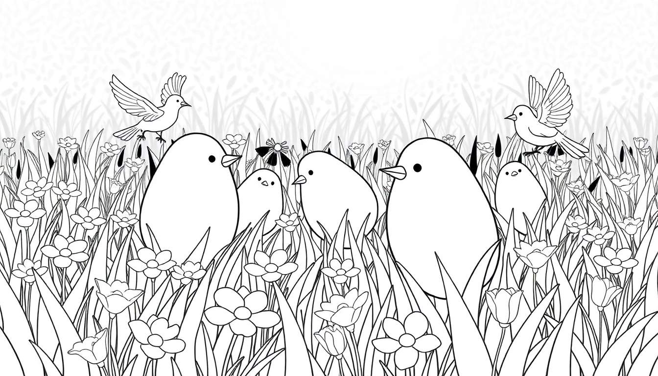 Pintinhos fofinhos num campo de flores e grama.