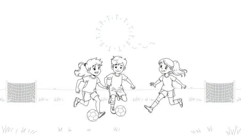 Ilustração em preto e branco de três crianças sorrindo e correndo atrás de uma bola de futebol em um campo gramado com balizas.