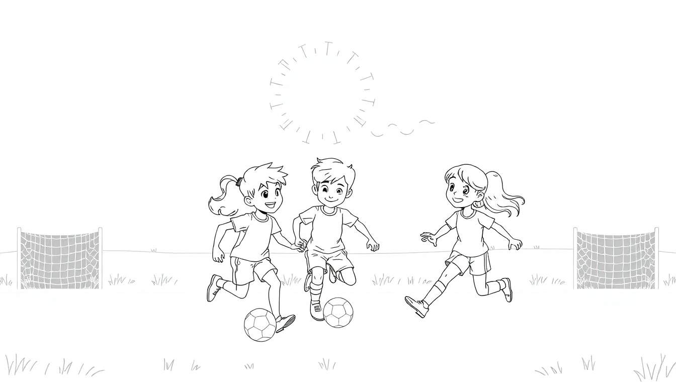 Ilustração em preto e branco de três crianças sorrindo e correndo atrás de uma bola de futebol em um campo gramado com balizas.