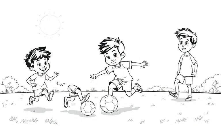 Três meninos a jogar futebol num campo relvado, um a correr, outro a driblar e o terceiro a sorrir, com árvores e sol ao fundo.