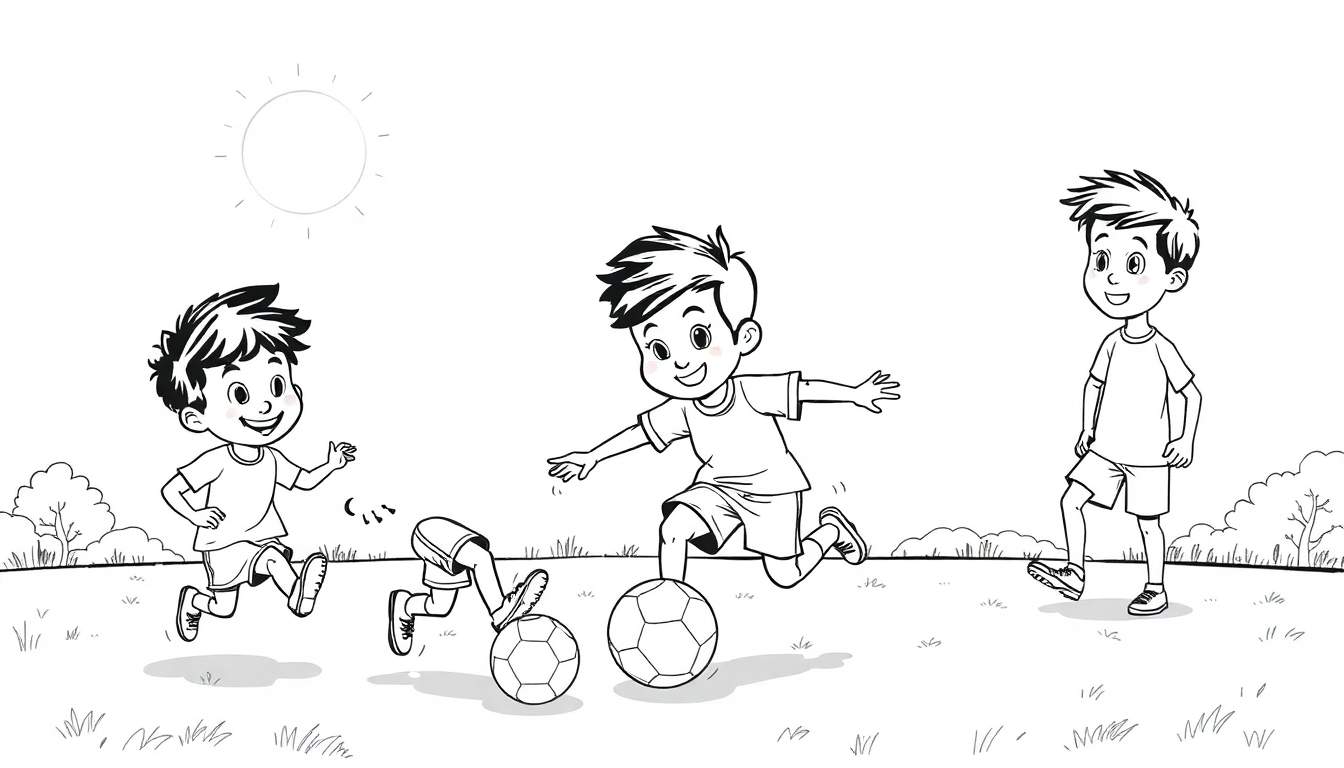 Três meninos a jogar futebol num campo relvado, um a correr, outro a driblar e o terceiro a sorrir, com árvores e sol ao fundo.