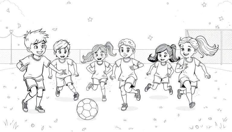 Desenho em preto e branco de seis crianças a correr atrás de uma bola de futebol com uma rede de gol ao fundo, um color panel de pura diversão.