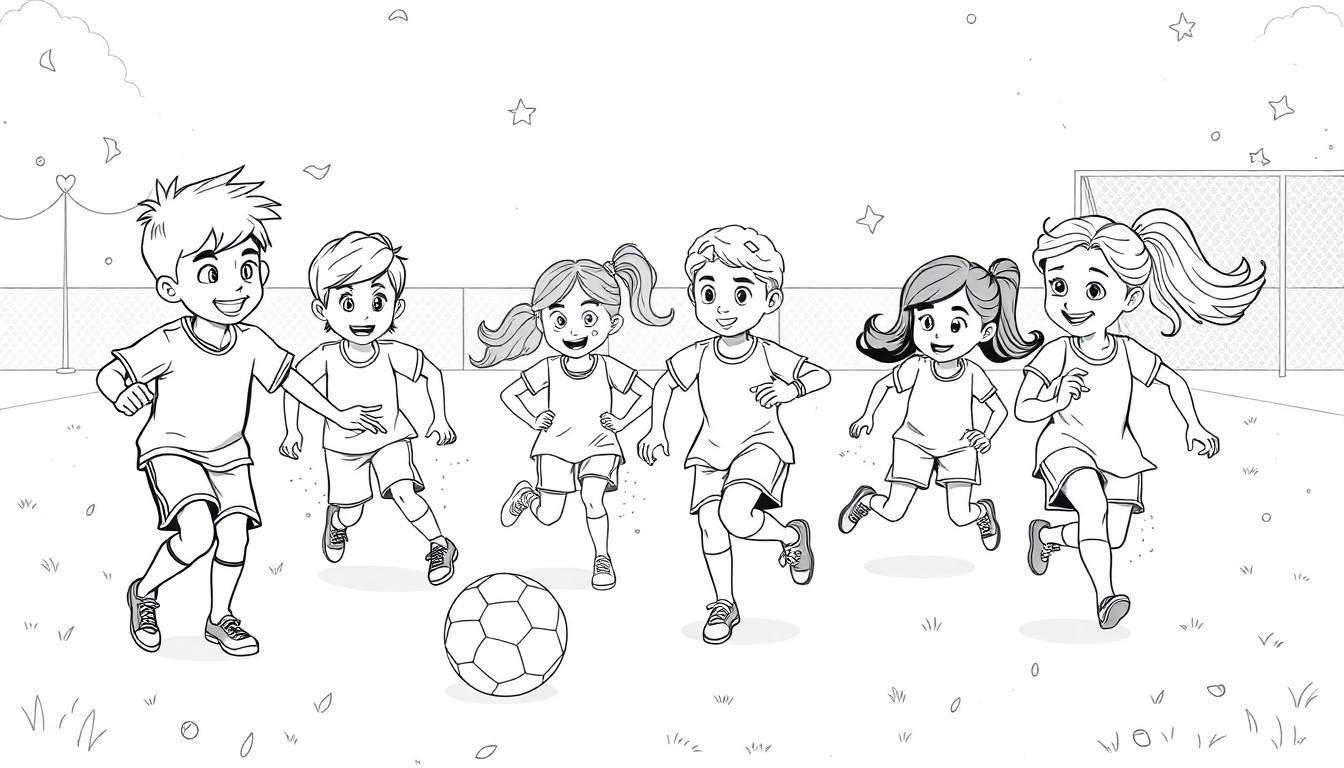 Desenho em preto e branco de seis crianças a correr atrás de uma bola de futebol com uma rede de gol ao fundo, um color panel de pura diversão.