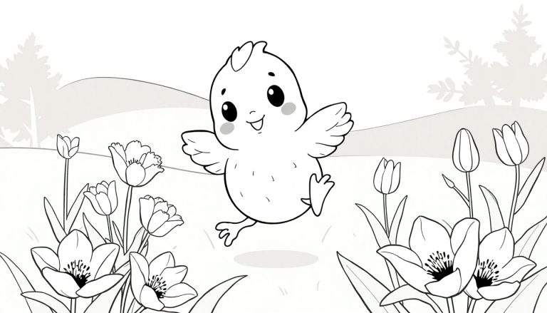 Um pintinho fofo sorrindo e saltitando entre tulipas, com colinas suaves ao fundo, em um estilo de livro de colorir.