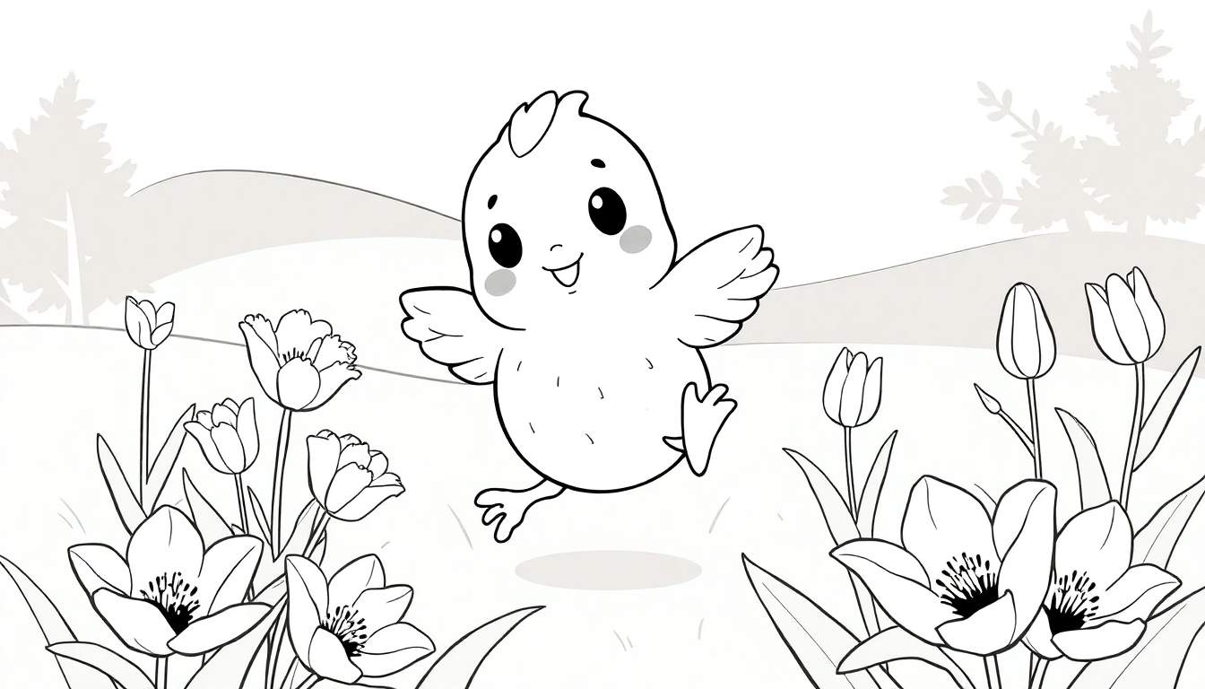 Um pintinho fofo sorrindo e saltitando entre tulipas, com colinas suaves ao fundo, em um estilo de livro de colorir.