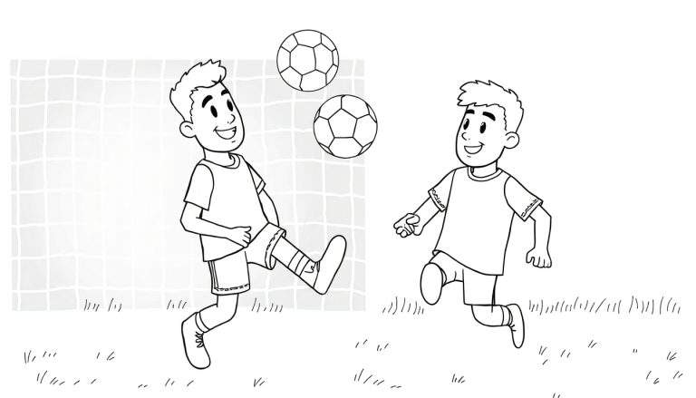 Duas crianças a jogar futebol, uma a chutar uma bola para o ar e a outra a correr para a apanhar, com uma rede de futebol atrás. Um color panel com relva no chão.