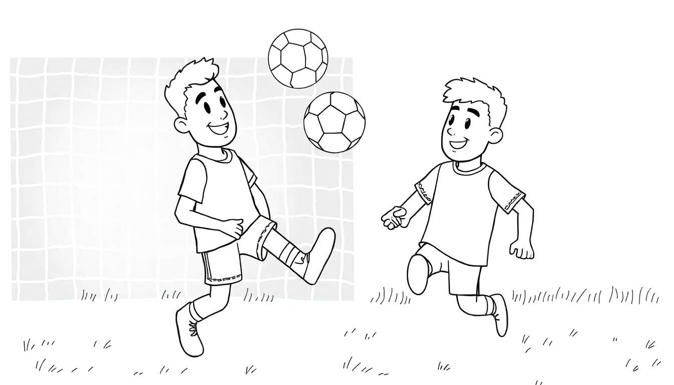 Duas crianças a jogar futebol, uma a chutar uma bola para o ar e a outra a correr para a apanhar, com uma rede de futebol atrás. Um color panel com relva no chão.