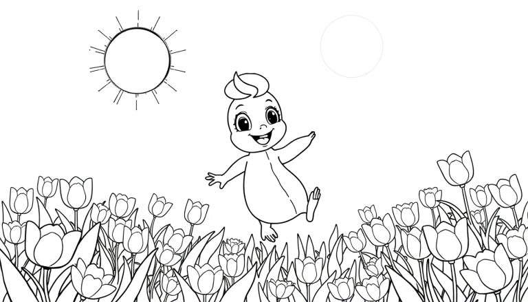 Um bebê feliz com os braços abertos em um campo de tulipas, com o sol e a lua acima, pronto para ser colorido em um color panel.