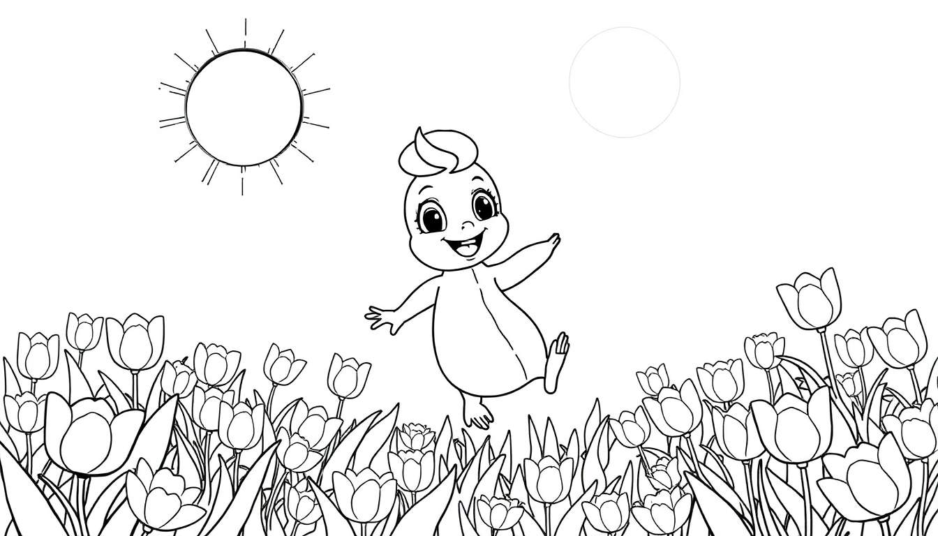 Um bebê feliz com os braços abertos em um campo de tulipas, com o sol e a lua acima, pronto para ser colorido em um color panel.