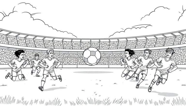 Desenho em preto e branco de um campo de futebol com jogadores a correr, parte de um color panel.
