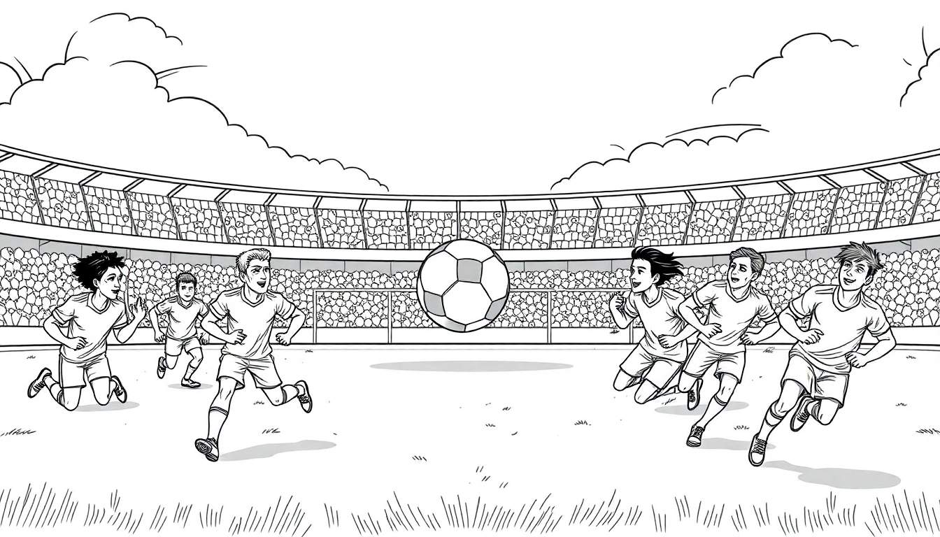 Desenho em preto e branco de um campo de futebol com jogadores a correr, parte de um color panel.