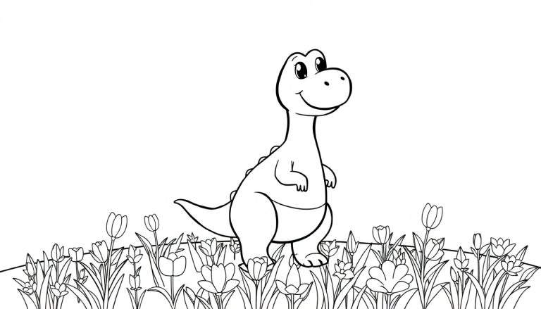 Um dinossauro sorridente e fofo com olhos grandes em um campo cheio de flores, segurando um balão vermelho. O desenho de linha é em preto e branco, ideal para colorir.