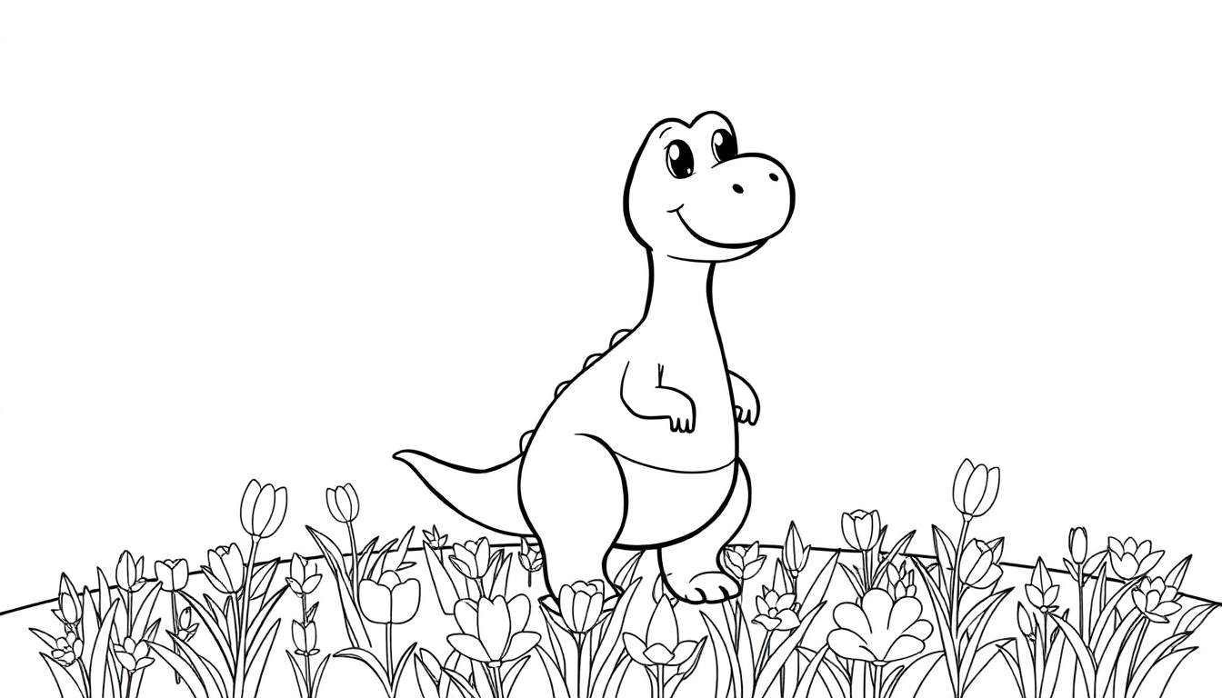 Um dinossauro sorridente e fofo com olhos grandes em um campo cheio de flores, segurando um balão vermelho. O desenho de linha é em preto e branco, ideal para colorir.
