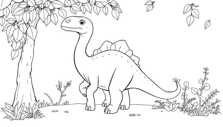 Um dinossauro sorridente em um color panel, com placas nas costas e uma cauda curvada, perto de uma árvore frondosa e grama.