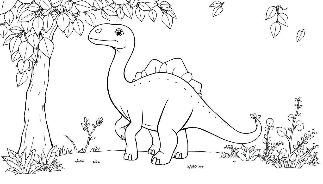 Um dinossauro sorridente em um color panel, com placas nas costas e uma cauda curvada, perto de uma árvore frondosa e grama.