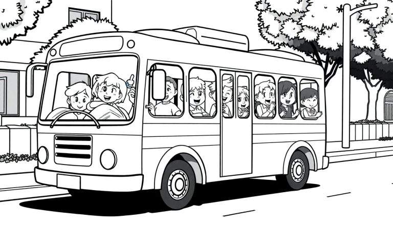 Ilustração a preto e branco de um autocarro escolar com crianças felizes a acenar.