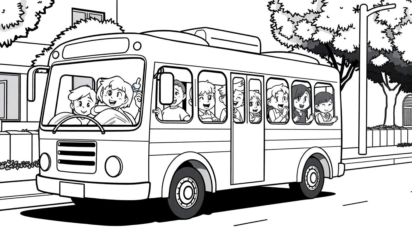 Ilustração a preto e branco de um autocarro escolar com crianças felizes a acenar.