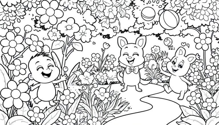 Desenho em preto e branco de um bebê sorrindo, coelhos brincando e muitas flores.