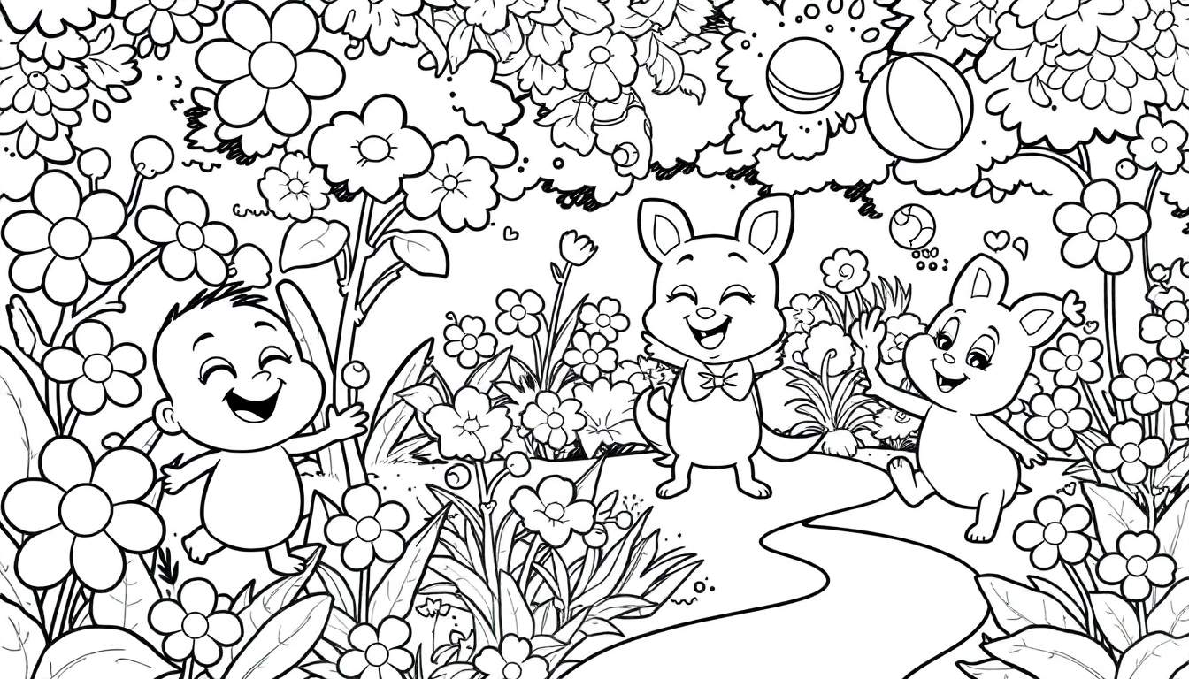Desenho em preto e branco de um bebê sorrindo, coelhos brincando e muitas flores.