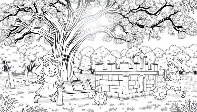 Ilustração em preto e branco de duas crianças brincando num parque, uma menina a correr e um menino a jogar à bola de futebol, com uma grande árvore e um banco ao fundo.
