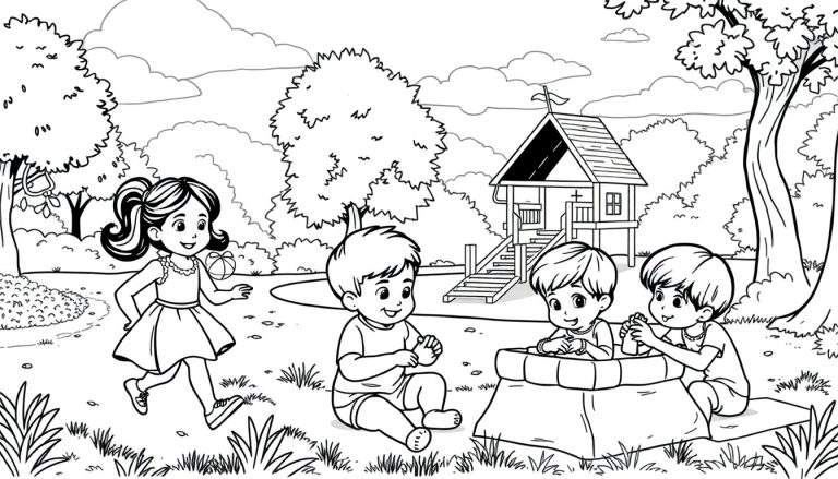 Menina correndo com bola num parque enquanto três meninos brincam na caixa de areia e uma casinha com escorrega ao fundo, tudo em estilo de desenho para colorir.