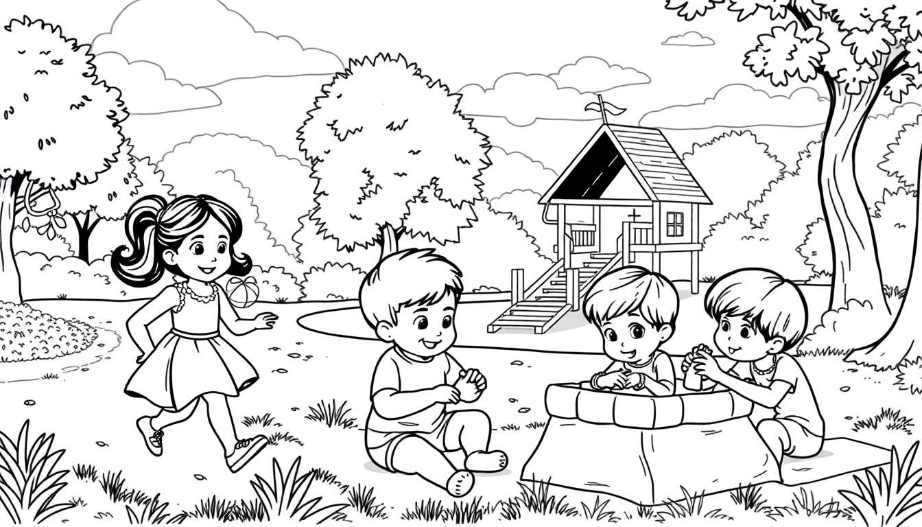 Menina correndo com bola num parque enquanto três meninos brincam na caixa de areia e uma casinha com escorrega ao fundo, tudo em estilo de desenho para colorir.