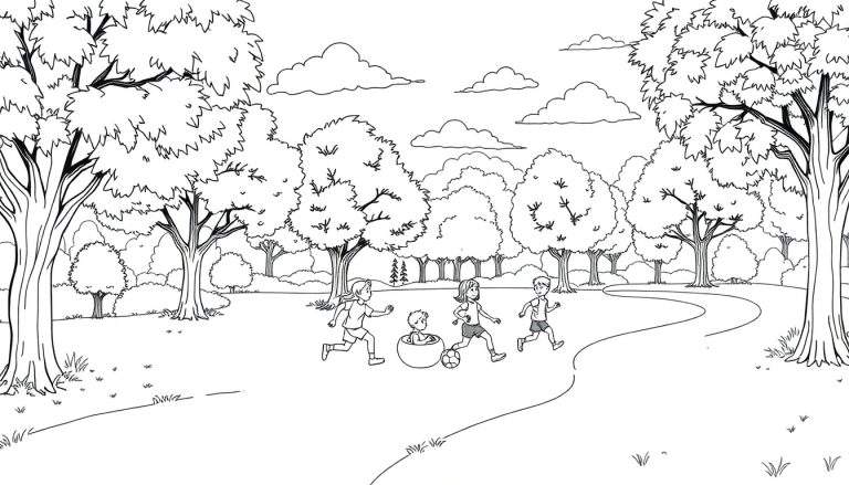 Um desenho em preto e branco de crianças brincando em um parque com árvores, um caminho e nuvens fofas no céu. Inclui uma referência a um 'color panel'.