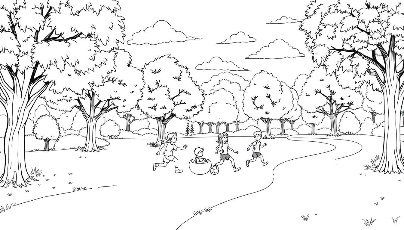 Um desenho em preto e branco de crianças brincando em um parque com árvores, um caminho e nuvens fofas no céu. Inclui uma referência a um 'color panel'.