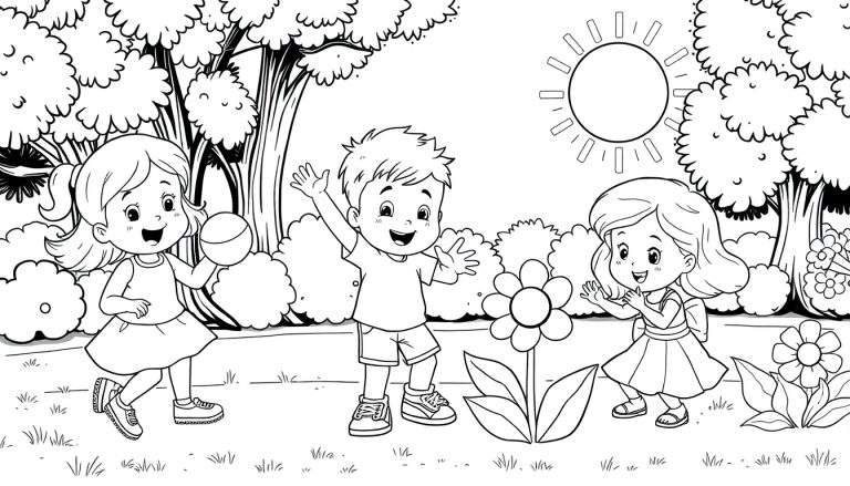 Um desenho em preto e branco de três crianças brincando felizes em um parque ensolarado. O menino no centro saúda, uma menina corre com uma bola à esquerda, e outra menina admira uma flor à direita. Árvores e flores completam a cena festiva neste color panel.