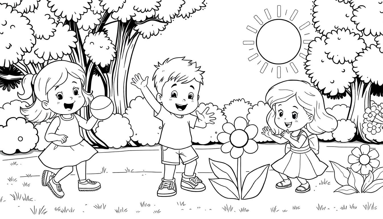 Um desenho em preto e branco de três crianças brincando felizes em um parque ensolarado. O menino no centro saúda, uma menina corre com uma bola à esquerda, e outra menina admira uma flor à direita. Árvores e flores completam a cena festiva neste color panel.