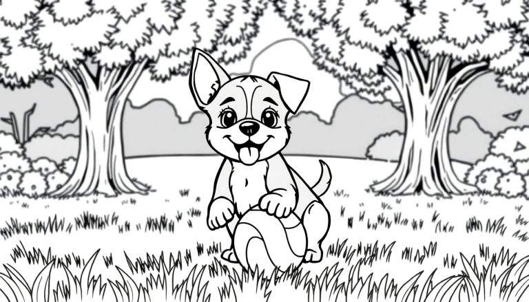 Um filhote de cachorro preto e branco sorrindo com a língua para fora, brincando com uma bola listrada em um parque com árvores e arbustos em um color panel.