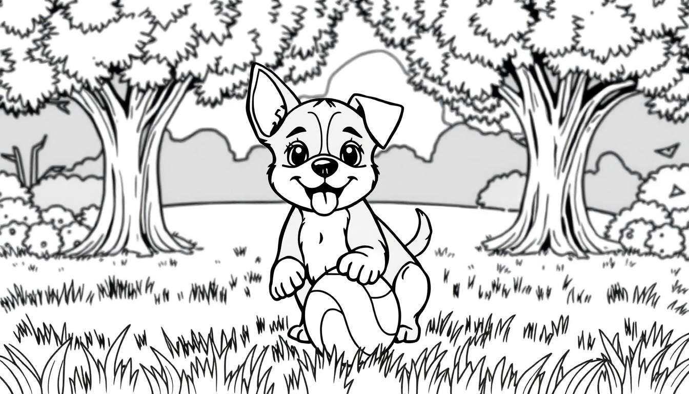 Um filhote de cachorro preto e branco sorrindo com a língua para fora, brincando com uma bola listrada em um parque com árvores e arbustos em um color panel.