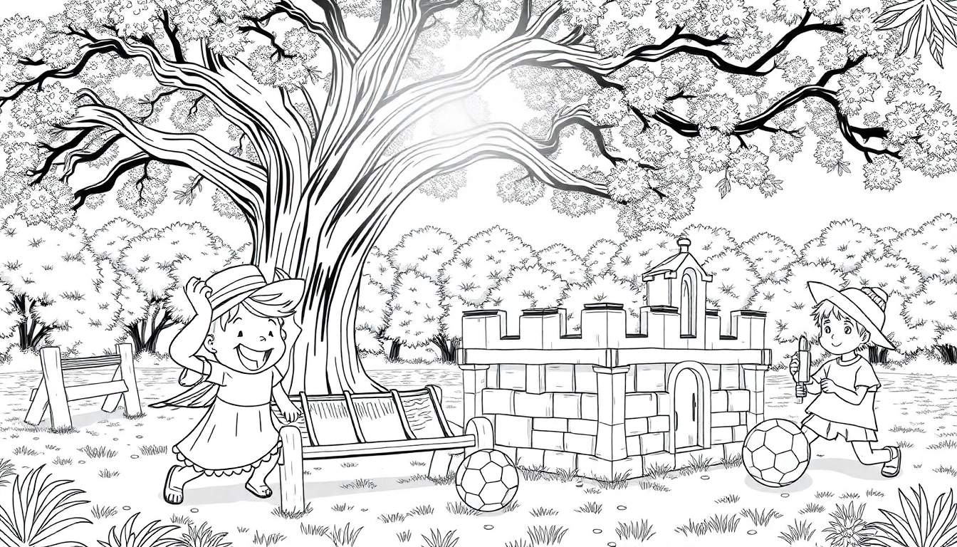 Ilustração em preto e branco de duas crianças brincando num parque, uma menina a correr e um menino a jogar à bola de futebol, com uma grande árvore e um banco ao fundo.
