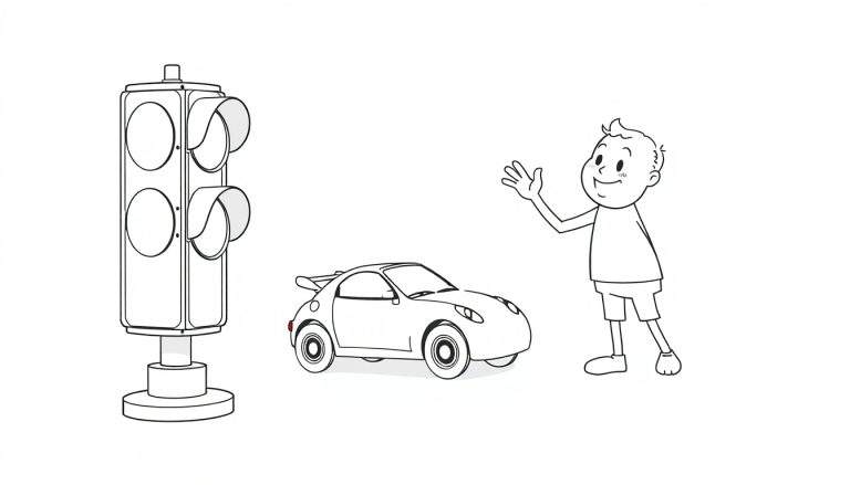 Um semáforo no color panel, um carro e uma pessoa acenando.