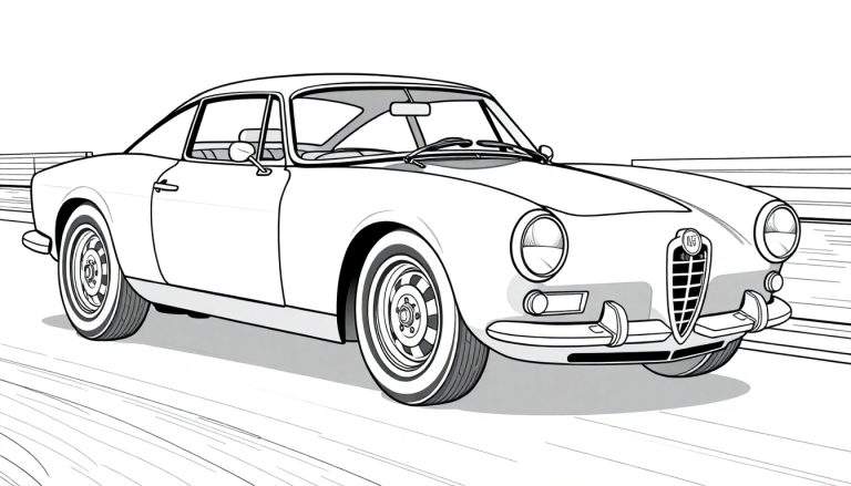 Um carro Alfa Romeo clássico em um desenho de linha, visto de frente e ligeiramente virado para a direita, pronto para ser colorido, com linhas sugerindo movimento.