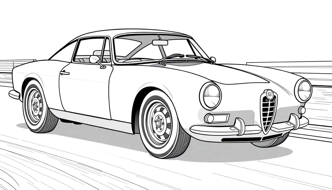 Um carro Alfa Romeo clássico em um desenho de linha, visto de frente e ligeiramente virado para a direita, pronto para ser colorido, com linhas sugerindo movimento.