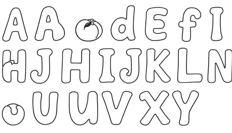 Alfabeto divertido com letras de balão e um tomate no lugar da letra C, pronto para colorir. Inclui um color panel.