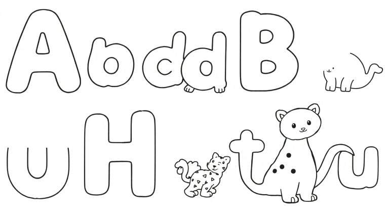 Um color panel com letras do alfabeto e animais fofos para colorir.