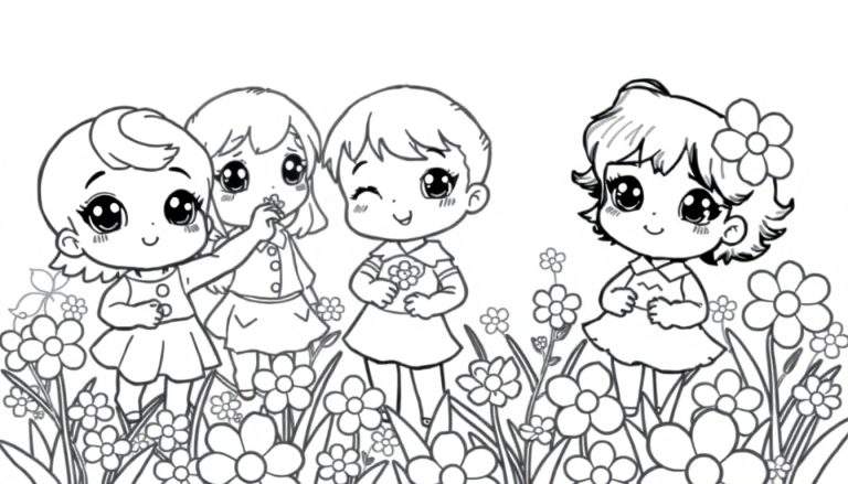 Quatro meninas estilo mangá em um campo de flores, uma dando flor para outra, uma segurando buquê, outra com flor no cabelo.