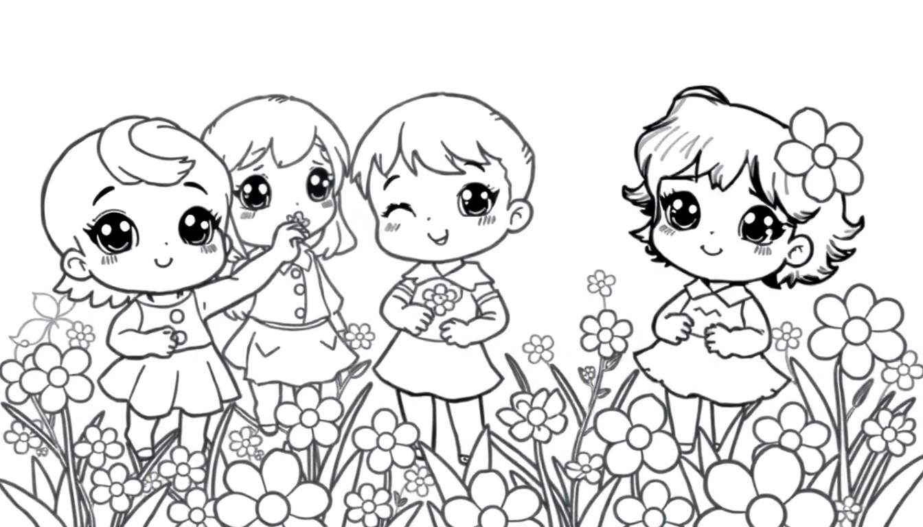 Quatro meninas estilo mangá em um campo de flores, uma dando flor para outra, uma segurando buquê, outra com flor no cabelo.
