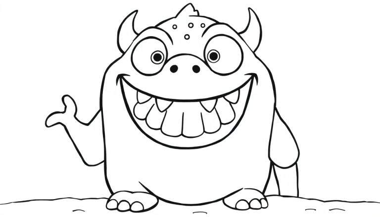 Um monstro amigável acenando, com um sorriso enorme e chifres pequenos. color panel.