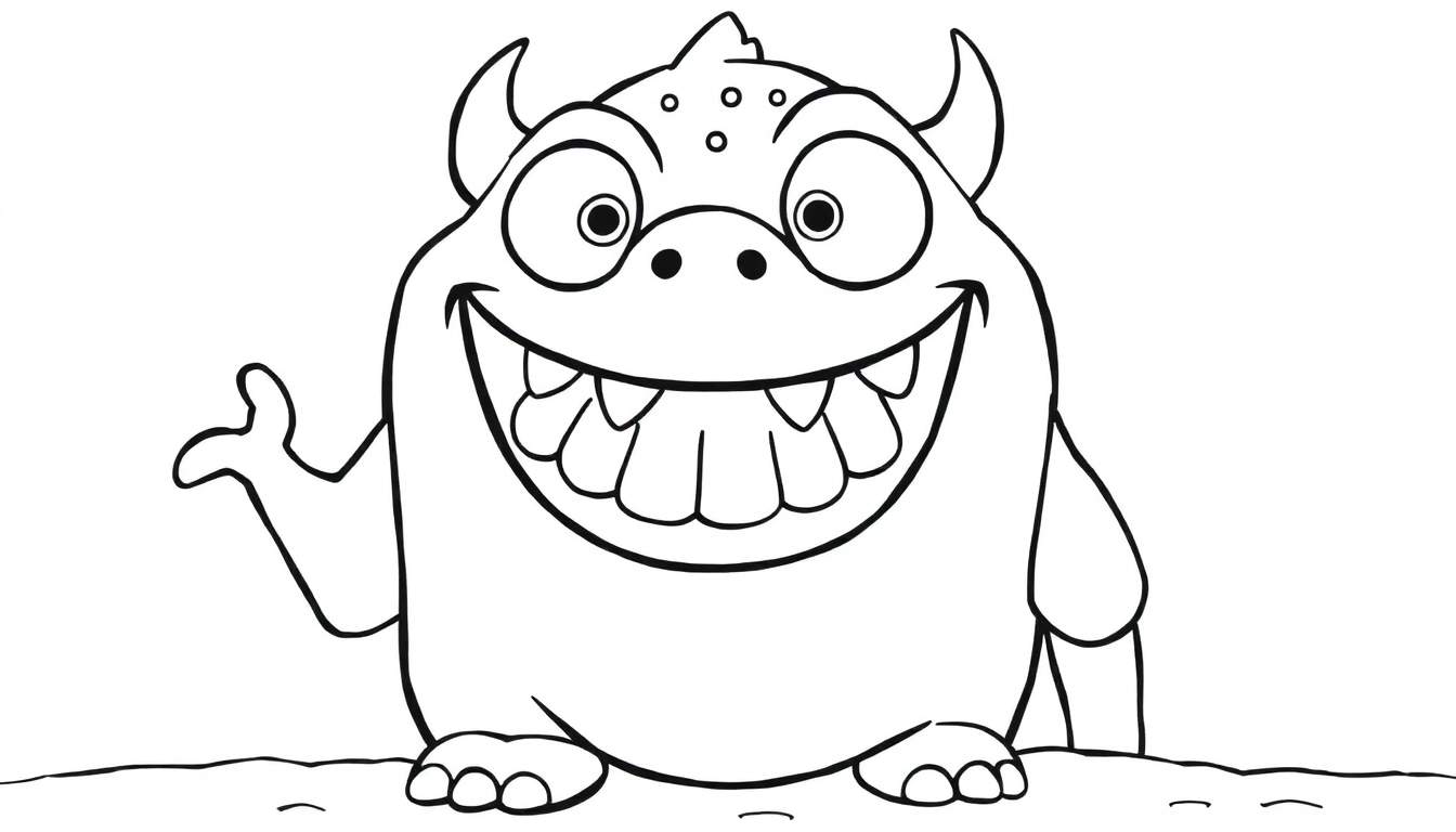 Um monstro amigável acenando, com um sorriso enorme e chifres pequenos. color panel.