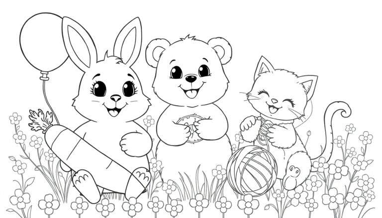 Um coelho, um urso e um gatinho em um prado florido, com um color panel vibrante de flores.