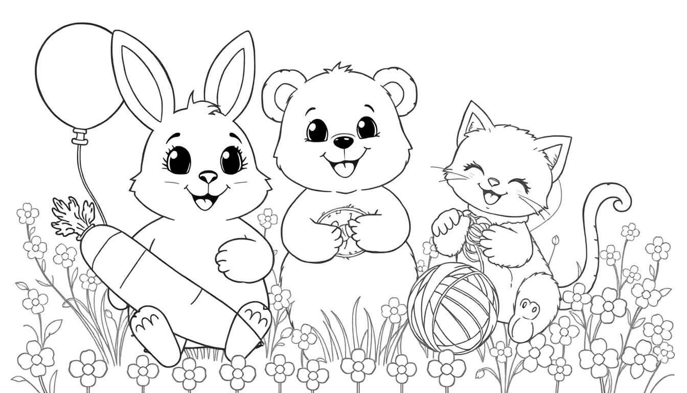 Um coelho, um urso e um gatinho em um prado florido, com um color panel vibrante de flores.