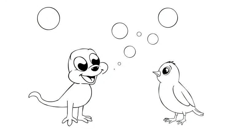 Desenho em preto e branco de um lagarto falante e um pássaro pensativo, com bolhas de fala/pensamento acima deles. Color panel.