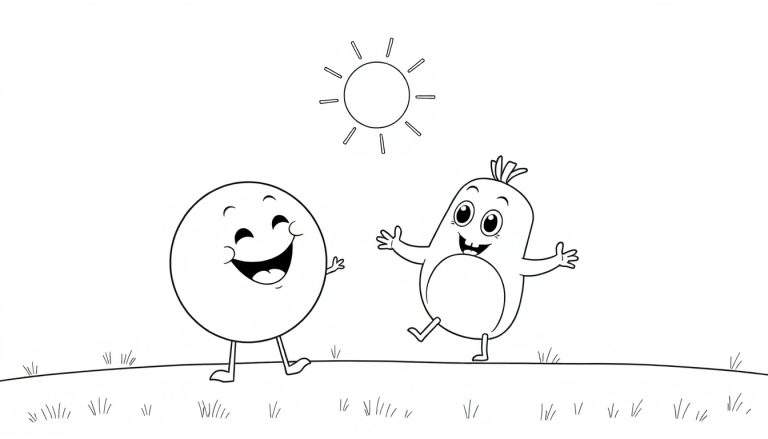Um círculo sorridente e uma forma de gota sorridente brincando em um dia ensolarado.